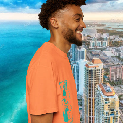Miami Beach Graphic T-Shirt — Orange Garment-Dyed Tee with Green Vertical Palm Design
