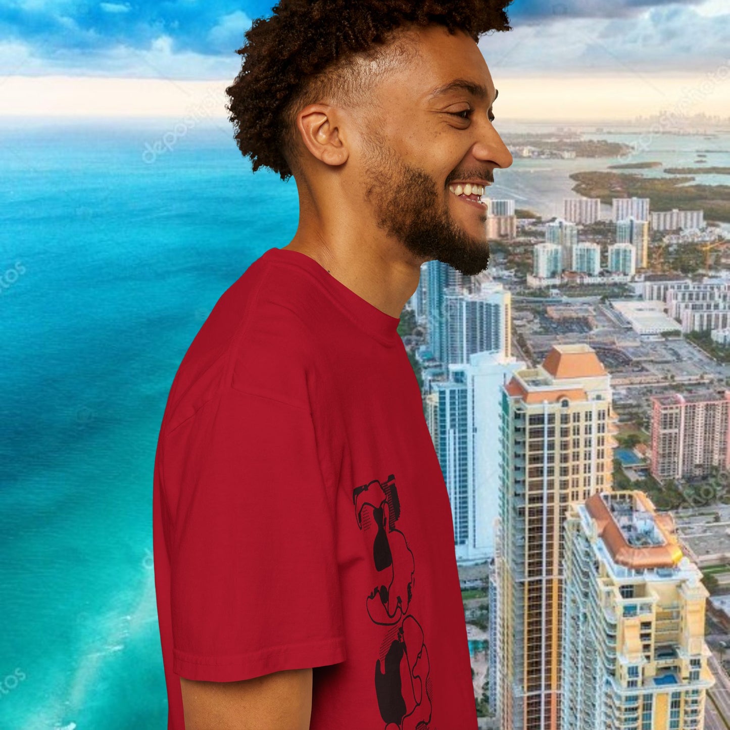 Miami Beach Graphic T-Shirt — Orange Garment-Dyed Tee with Green Vertical Palm Design