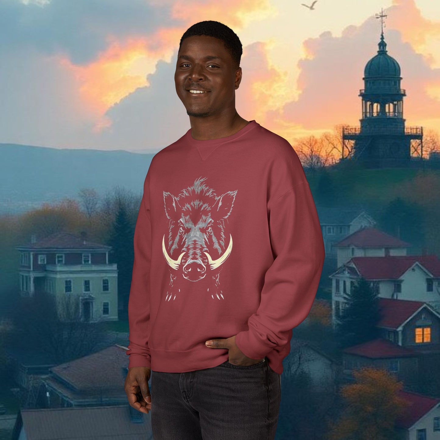 Crewneck Sweatshirt, Wild Boar Graphic, Unisex Cozy Sweatshirt, Vintage Style Crew Neck, Outdoor Adventure Apparel