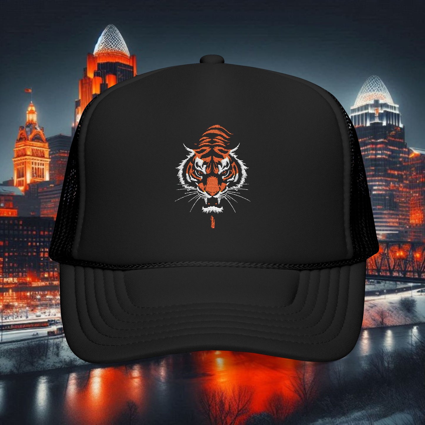 Embroidered  Bengal Tiger Foam Trucker Hat - Sporty Style, Perfect Gift for Fans, Great for Outdoor Activities, Adjustable Cap