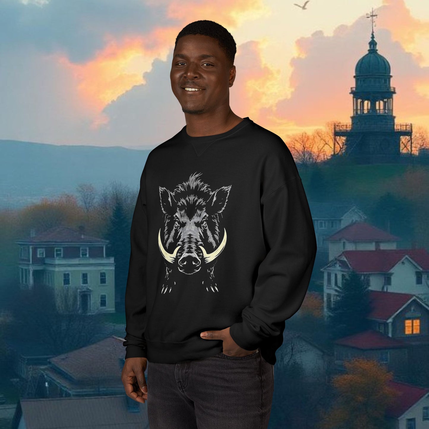 Crewneck Sweatshirt, Wild Boar Graphic, Unisex Cozy Sweatshirt, Vintage Style Crew Neck, Outdoor Adventure Apparel