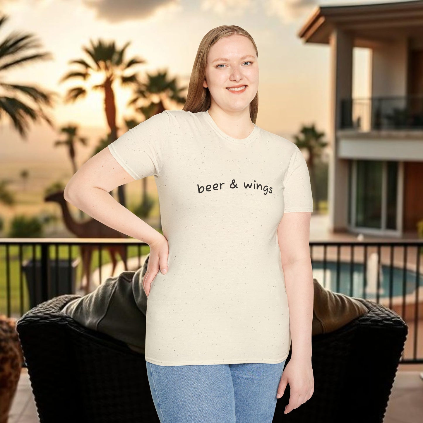 Beer & Wings Unisex Softstyle T-Shirt, Casual Gift for BBQ Lovers, Fun Drink Shirt, Summer Party Apparel, Unique Gift for Foodies