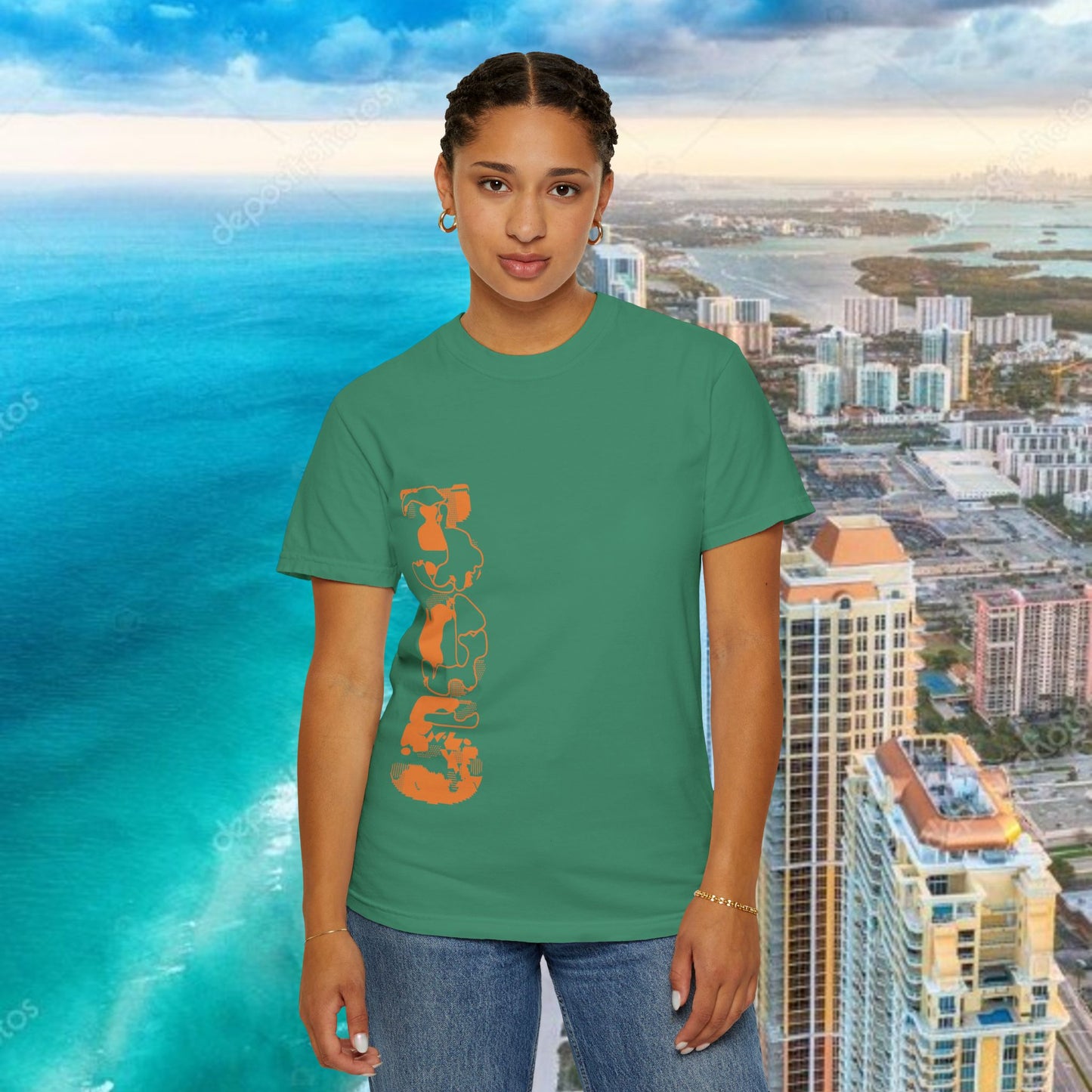 Miami Beach Graphic T-Shirt — Orange Garment-Dyed Tee with Green Vertical Palm Design