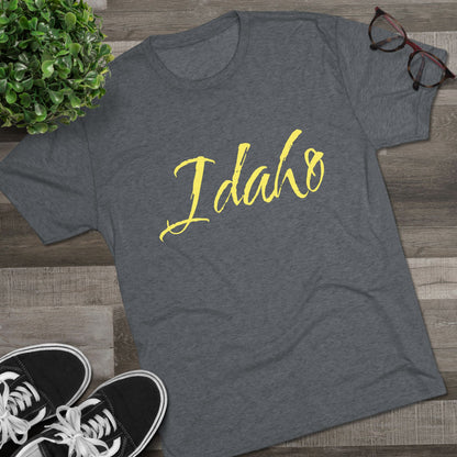 Idaho Script T‑Shirt — State Pride Tee, Tri-Blend Soft Style, Perfect for Class or Gameday.