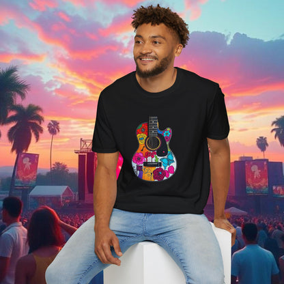 Colorful Acoustic Guitar T-Shirt, Music Lover's Tee, Festival Wear, Gift for Musicians, Vibrant Graphic Shirt