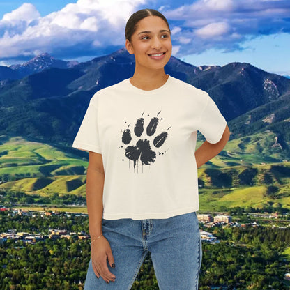 Women's Boxy Tee with Black Paw Print — Casual Cat Paw Print Graphic Shirt