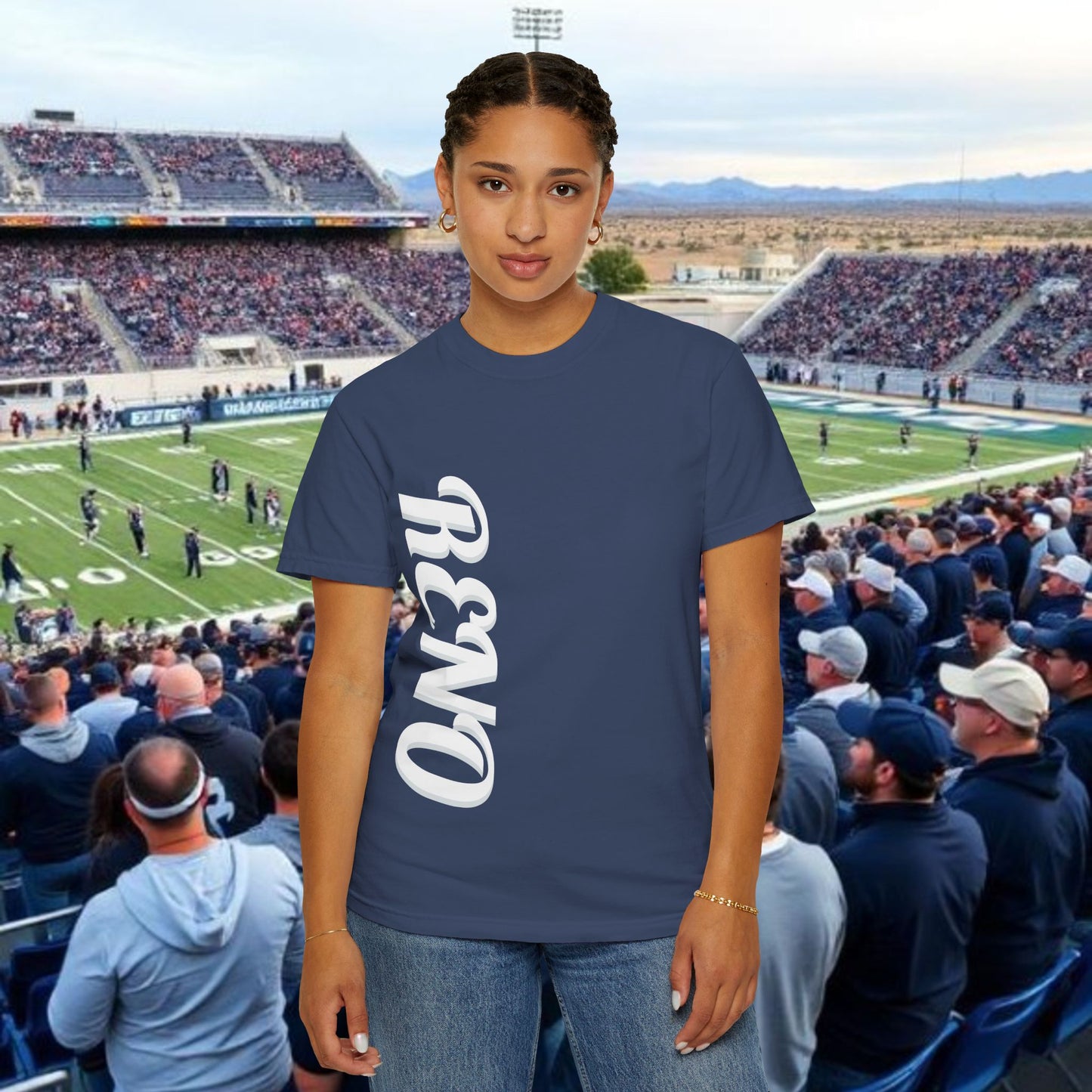 Reno Tee, Vertical Reno Logo and Subtle Wolf Graphic, Soft Style Shirt, Perfect style for Gameday