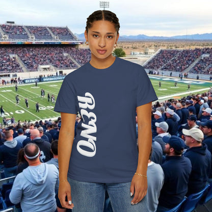 Reno Tee, Vertical Reno Logo and Subtle Wolf Graphic, Soft Style Shirt, Perfect style for Gameday