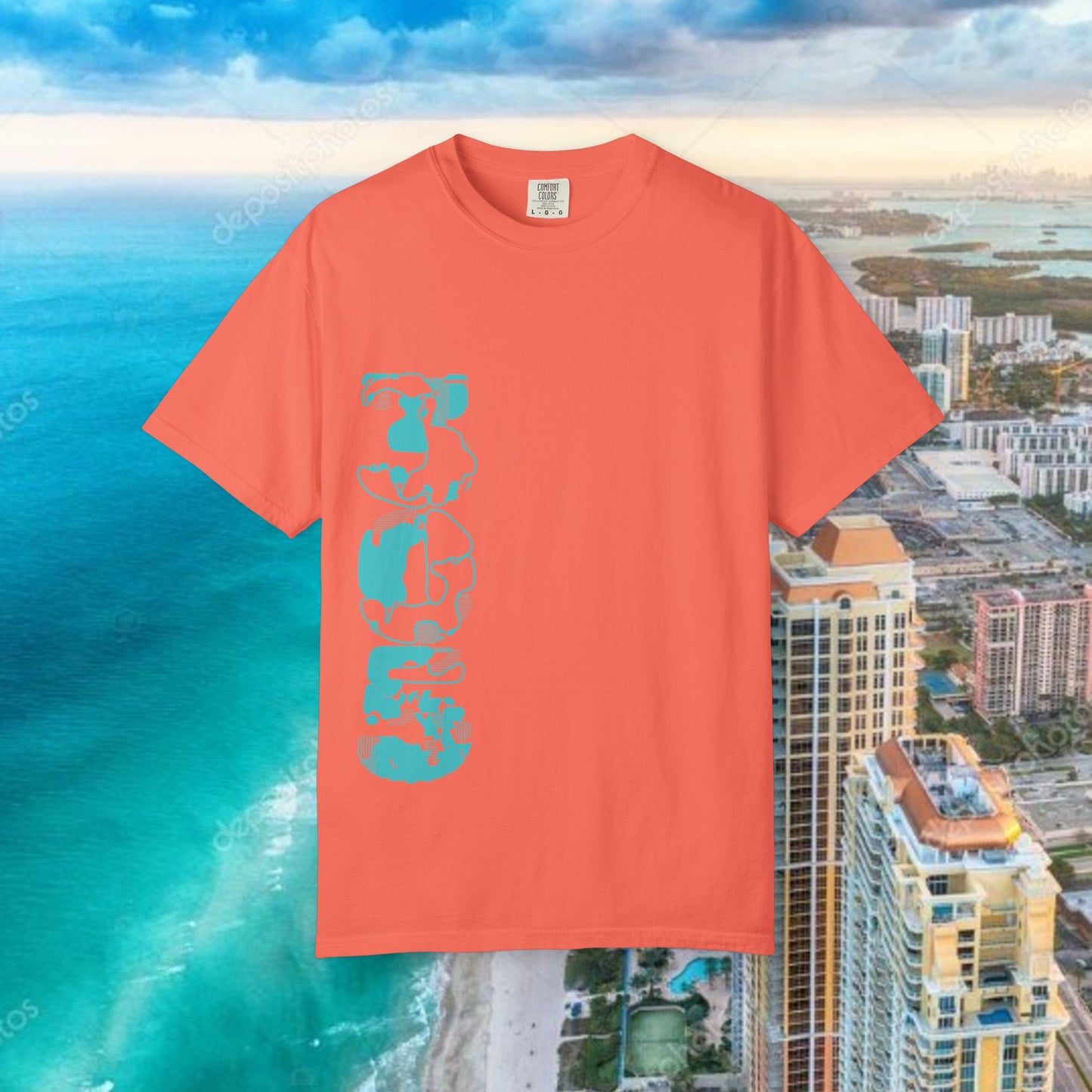 Miami Beach Graphic T-Shirt — Orange Garment-Dyed Tee with Green Vertical Palm Design