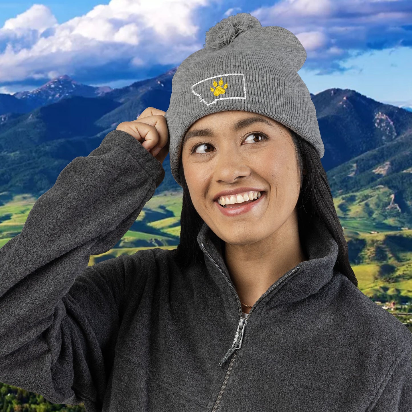 Bobcat Paw Print Pom-Pom Knit Cap, Warm Winter Beanie, Cat Fan Gift, Cozy Fashion Accessory, Great for Cold Games