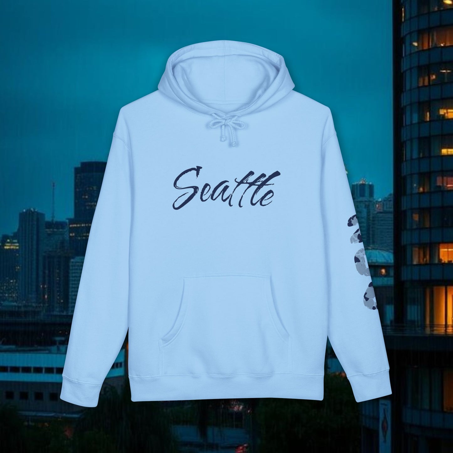 Seattle Script Hoodie — Minimalist City Sweatshirt with 206 Sleeve