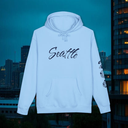 Seattle Script Hoodie — Minimalist City Sweatshirt with 206 Sleeve
