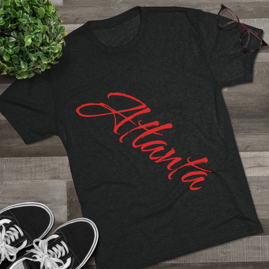 Atlanta Script Tee — Red Diagonal City Name T-Shirt, Tri-Blend Super Soft Style T-Shirt, Perfect for Gameday or a Night Out