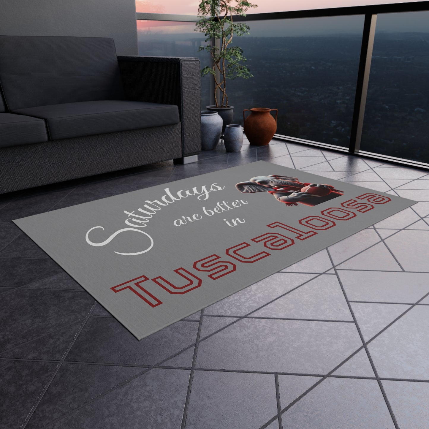 Tuscaloosa Saturdays Outdoor Rug — College Football Porch Mat with Elephant Design