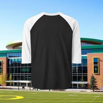 Duck Print Three-Quarter Sleeve Raglan Shirt, Unisex Baseball Tee, Great for Events, Gifts, Casual Wear, Oregon Gameday Outfit