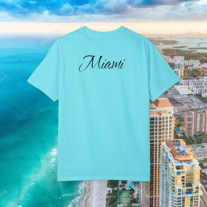 Miami Beach Graphic T-Shirt — Orange Garment-Dyed Tee with Green Vertical Palm Design