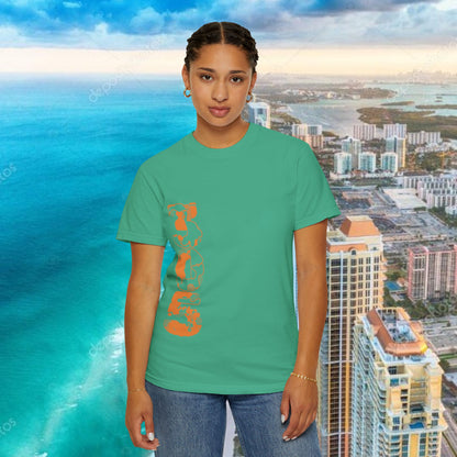 Miami Beach Graphic T-Shirt — Orange Garment-Dyed Tee with Green Vertical Palm Design