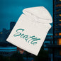 Seattle Script Hoodie — Minimalist City Sweatshirt with 206 Sleeve