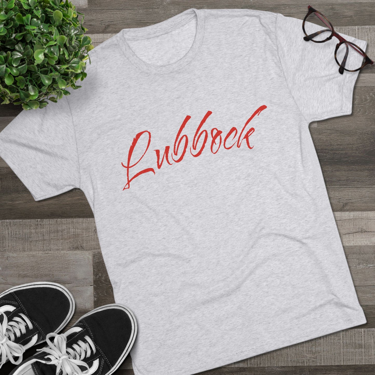 Lubbock Script Tee — Red Cowboy Skull Graphic Crew Shirt, Tri-Blend, Super Soft T-Shirt, Perfect for Gameday