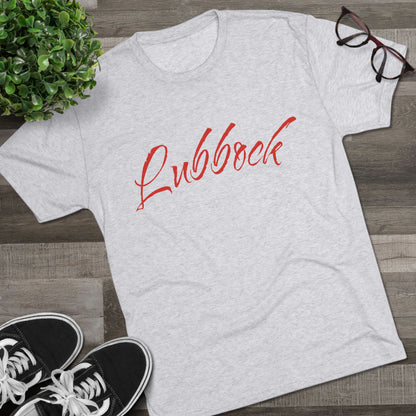 Lubbock Script Tee — Red Cowboy Skull Graphic Crew Shirt, Tri-Blend, Super Soft T-Shirt, Perfect for Gameday
