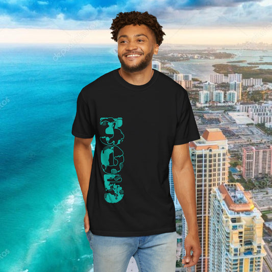 Miami Beach Graphic T-Shirt — Orange Garment-Dyed Tee with Green Vertical Palm Design