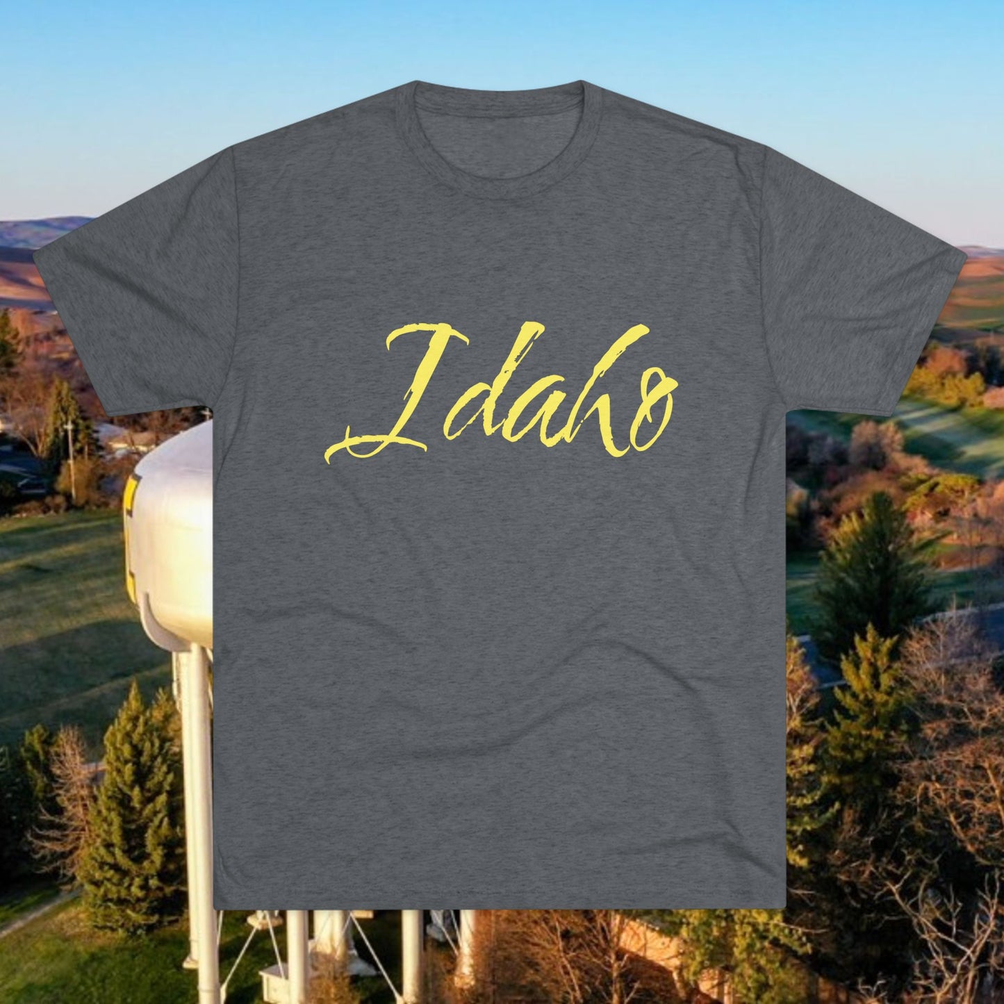 Idaho Script T‑Shirt — State Pride Tee, Tri-Blend Soft Style, Perfect for Class or Gameday.