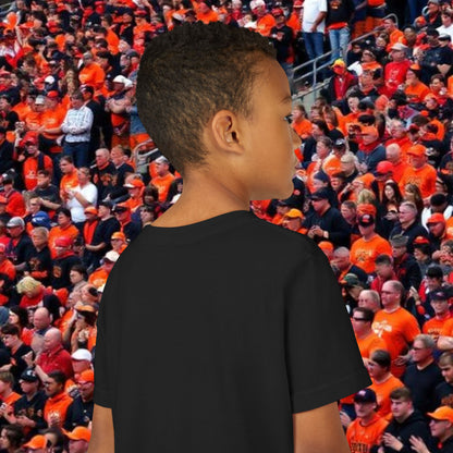 Youth Tee — Kids Black Shirt with Orange Whisker & Teeth Graphic, Perfect for Gameday