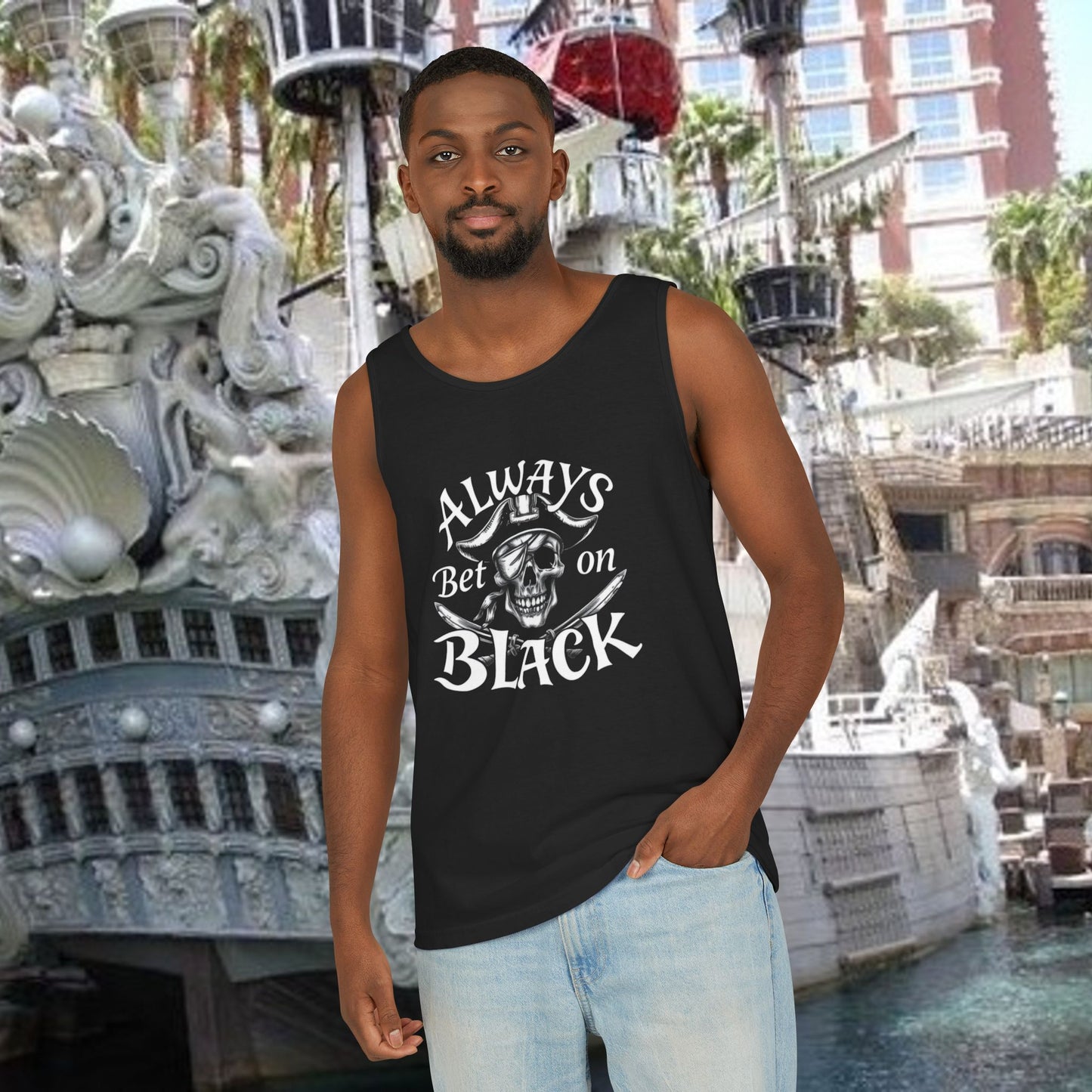 Always Bet on Black Tank Top, Unisex Tank, Casual Summer Top, Gift for Gamblers, Pirate-Themed Apparel, Party Wear, Beachwear