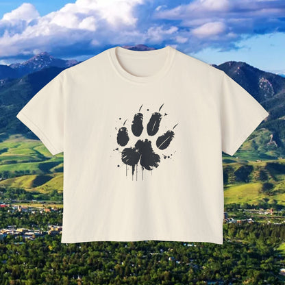 Women's Boxy Tee with Black Paw Print — Casual Cat Paw Print Graphic Shirt