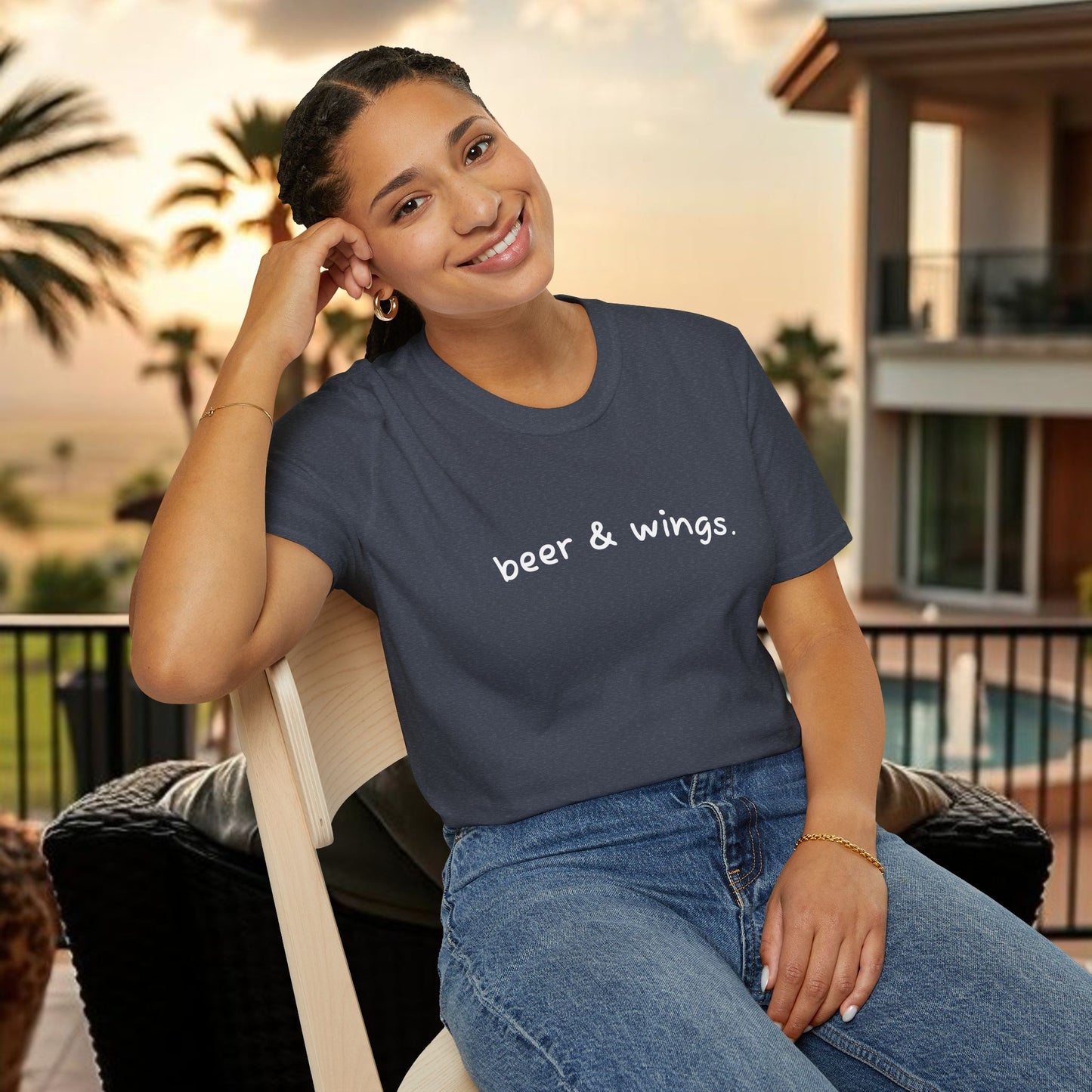 Beer & Wings Unisex Softstyle T-Shirt, Casual Gift for BBQ Lovers, Fun Drink Shirt, Summer Party Apparel, Unique Gift for Foodies
