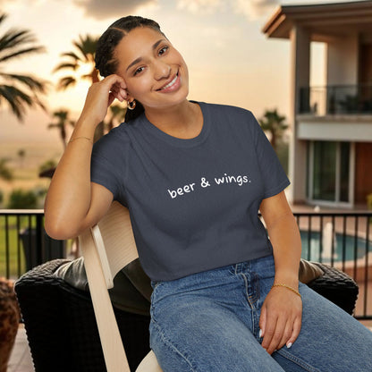 Beer & Wings Unisex Softstyle T-Shirt, Casual Gift for BBQ Lovers, Fun Drink Shirt, Summer Party Apparel, Unique Gift for Foodies