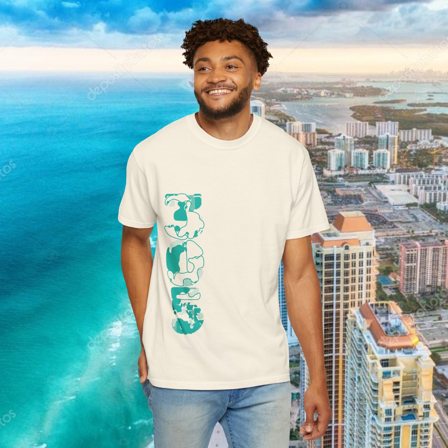 Miami Beach Graphic T-Shirt — Orange Garment-Dyed Tee with Green Vertical Palm Design