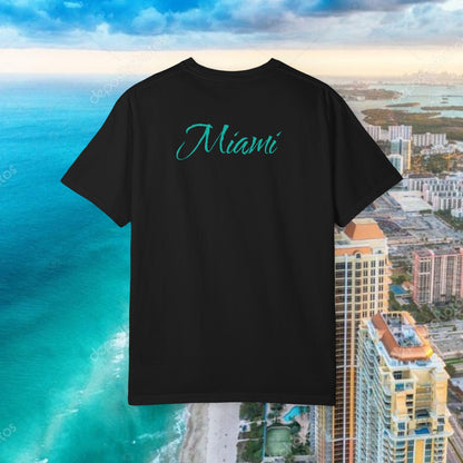Miami Beach Graphic T-Shirt — Orange Garment-Dyed Tee with Green Vertical Palm Design
