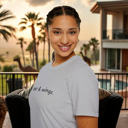 Beer & Wings Unisex Softstyle T-Shirt, Casual Gift for BBQ Lovers, Fun Drink Shirt, Summer Party Apparel, Unique Gift for Foodies