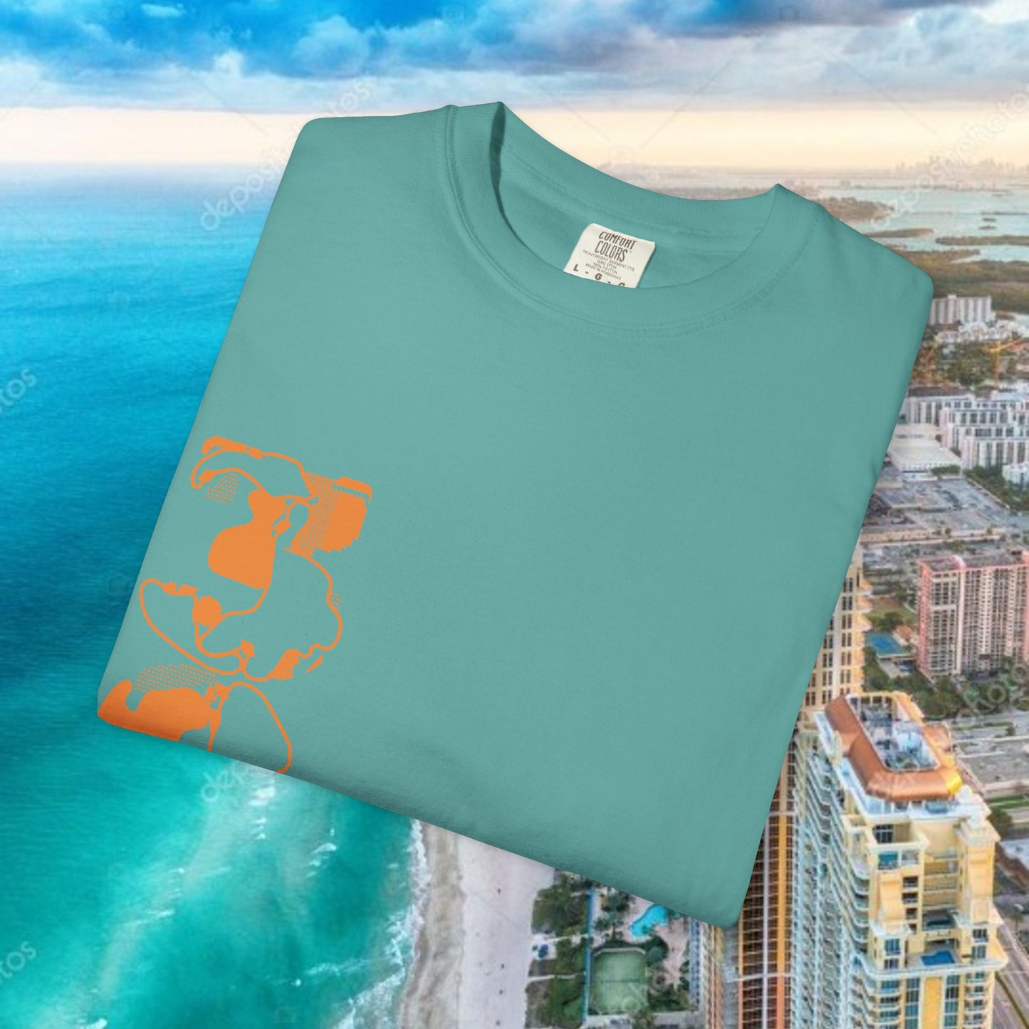 Miami Beach Graphic T-Shirt — Orange Garment-Dyed Tee with Green Vertical Palm Design
