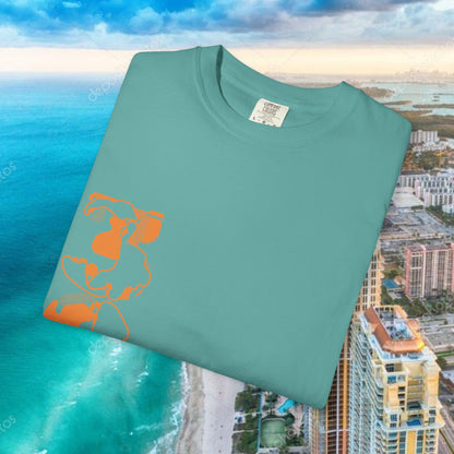 Miami Beach Graphic T-Shirt — Orange Garment-Dyed Tee with Green Vertical Palm Design