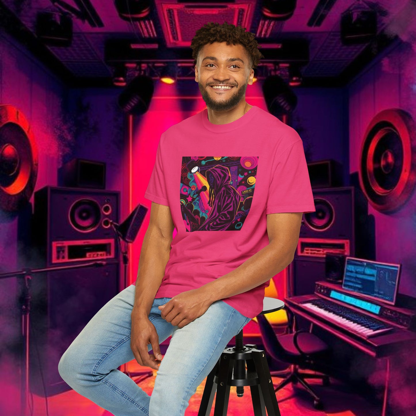 Colorful Unisex Garment-Dyed T-shirt, Artistic Graphic Tee, Music Festival Shirt, Casual Everyday Wear, Vibrant Streetwear, Unique Gift Idea