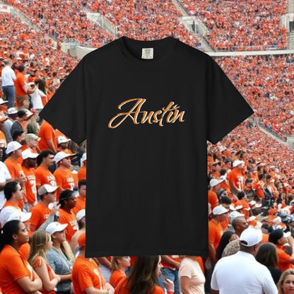 Austin Fan T-Shirt, Soft-style, front and back graphic. Stylish and fashionable tailgate attire.