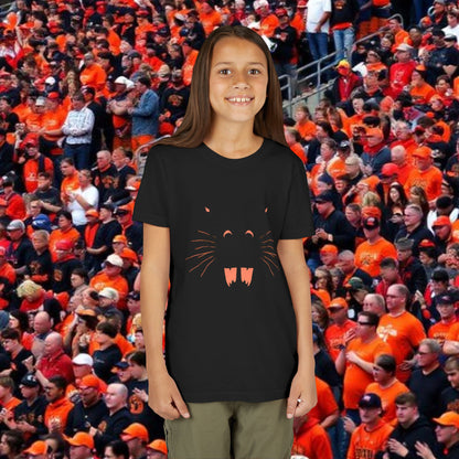 Youth Tee — Kids Black Shirt with Orange Whisker & Teeth Graphic, Perfect for Gameday