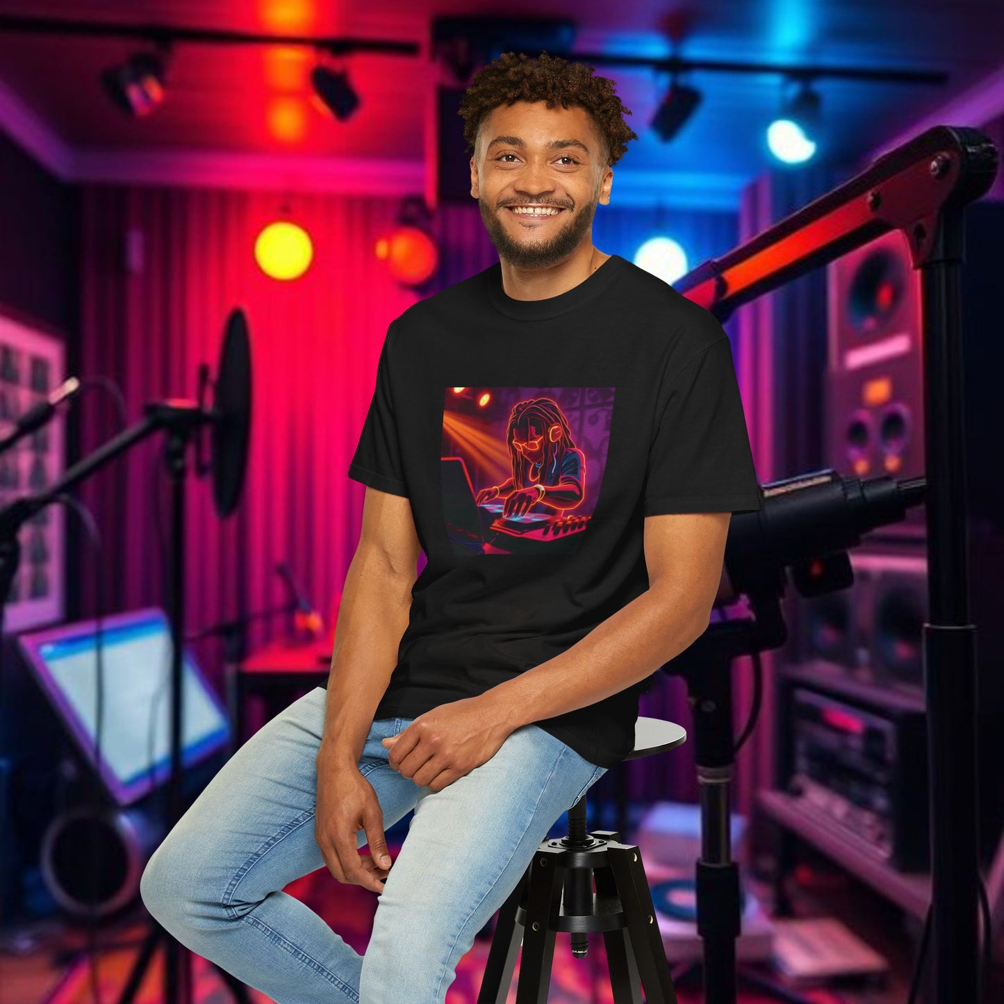 Vibrant DJ Unisex T-Shirt, Music Lover Tee, Festival Apparel, Gift for Musicians, Neon Graphic Shirt, Stylish Streetwear