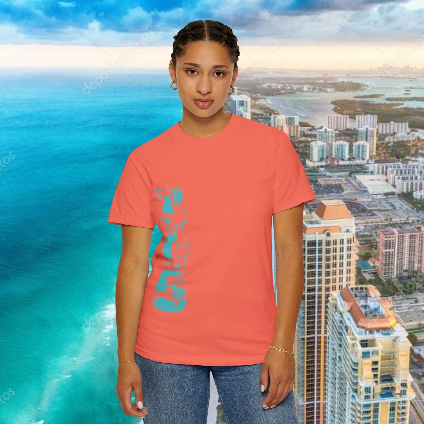 Miami Beach Graphic T-Shirt — Orange Garment-Dyed Tee with Green Vertical Palm Design