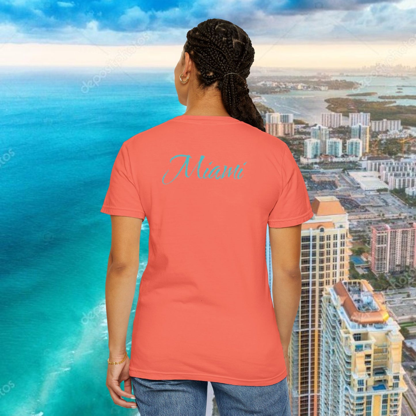 Miami Beach Graphic T-Shirt — Orange Garment-Dyed Tee with Green Vertical Palm Design