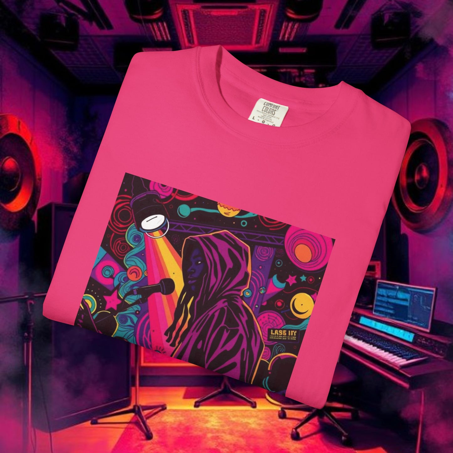 Colorful Unisex Garment-Dyed T-shirt, Artistic Graphic Tee, Music Festival Shirt, Casual Everyday Wear, Vibrant Streetwear, Unique Gift Idea