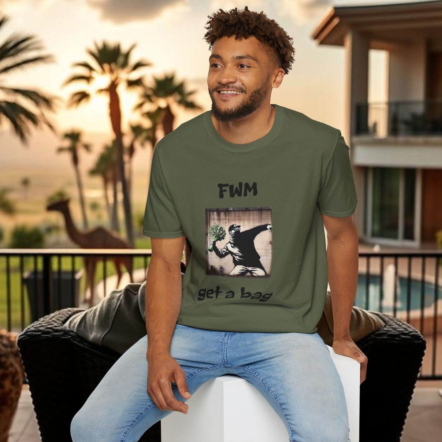 T-Shirt — "FWM Get a Bag" Graphic Tee (Banksy-Style Street Art)