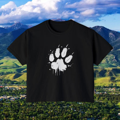 Women's Boxy Tee with Black Paw Print — Casual Cat Paw Print Graphic Shirt