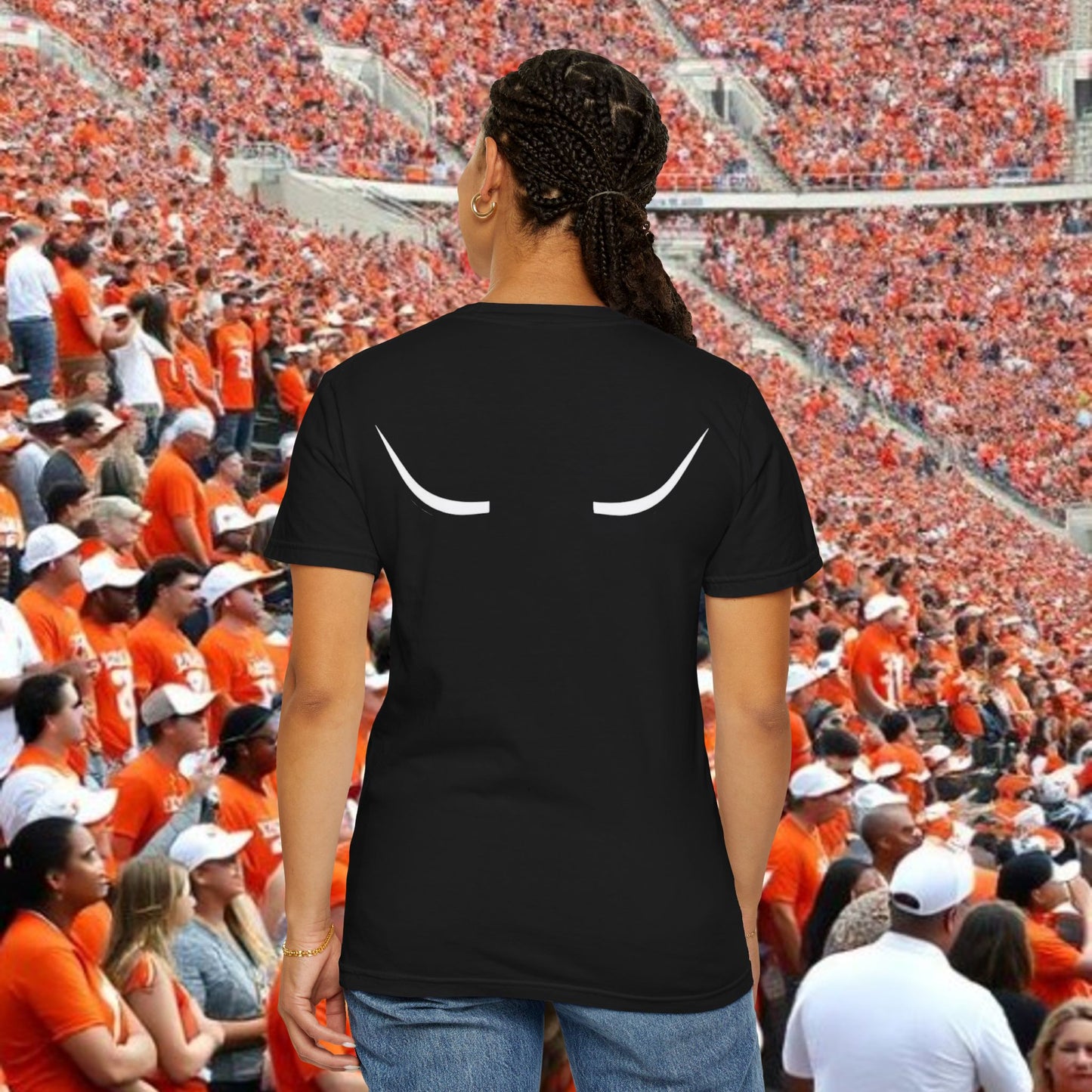 Austin Fan T-Shirt, Soft-style, front and back graphic. Stylish and fashionable tailgate attire.