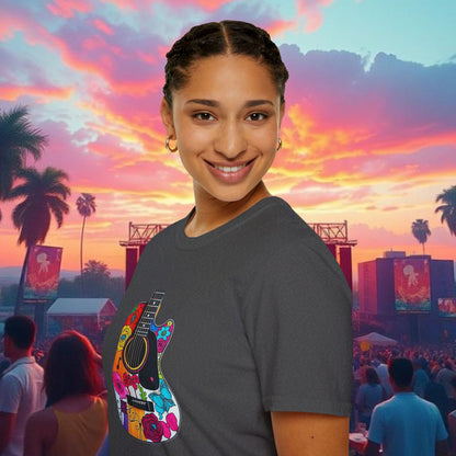 Colorful Acoustic Guitar T-Shirt, Music Lover's Tee, Festival Wear, Gift for Musicians, Vibrant Graphic Shirt