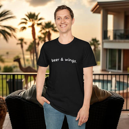Beer & Wings Unisex Softstyle T-Shirt, Casual Gift for BBQ Lovers, Fun Drink Shirt, Summer Party Apparel, Unique Gift for Foodies