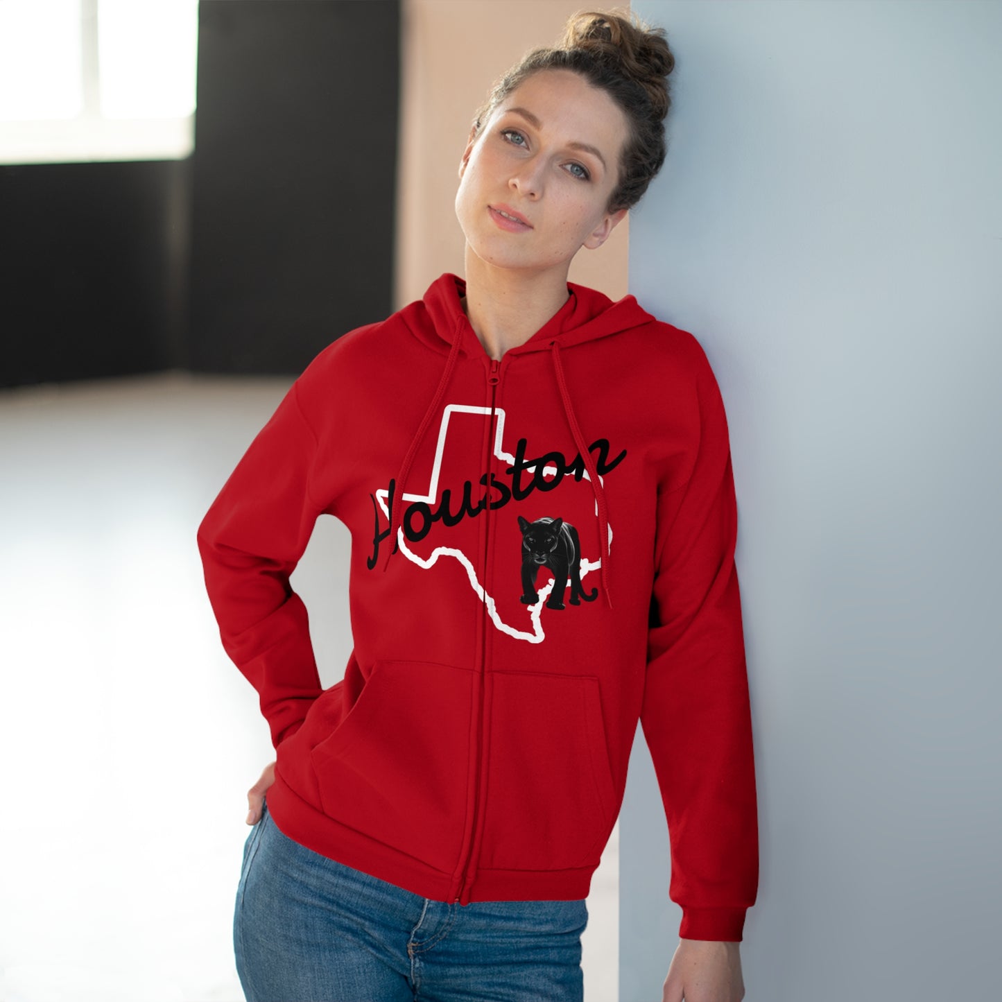 Houston Texas Zip Hoodie — State Outline With Houston Script & Lone Star Design