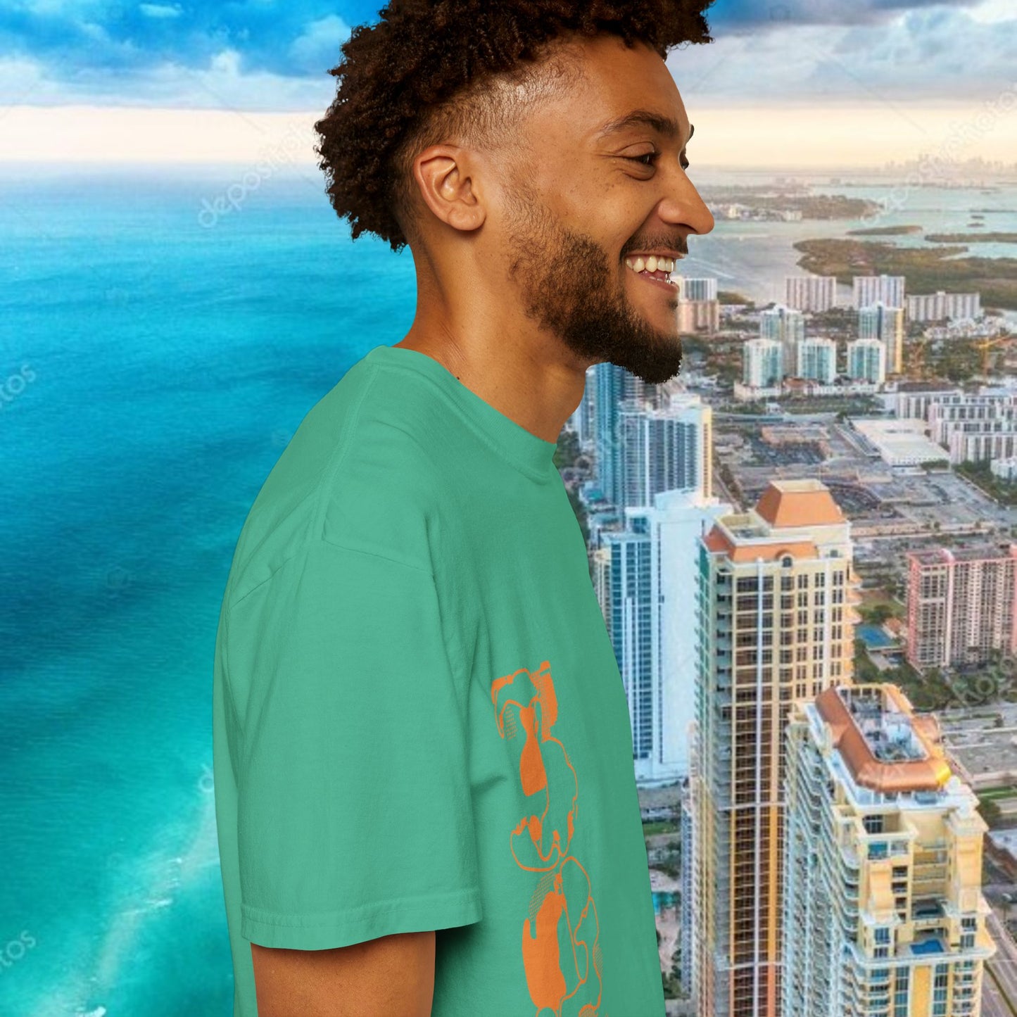 Miami Beach Graphic T-Shirt — Orange Garment-Dyed Tee with Green Vertical Palm Design